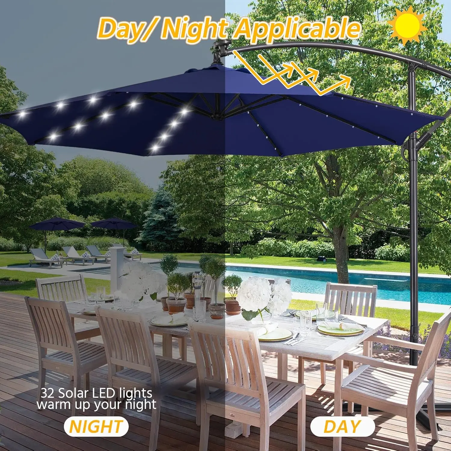 10FT Solar Offset Umbrella with 32 LED Lights Cantilever Hanging Outdoor Umbrellas Handy Crank & Cross Base