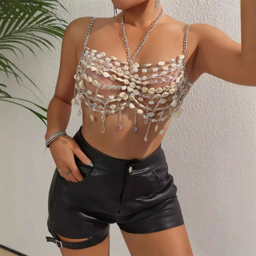 Shiny Shell Camisole Chest Bra Lingerie Chain for Women Multi-layer Hollow out Crystal Top Bikini Festival Nightclub Body Jewelr