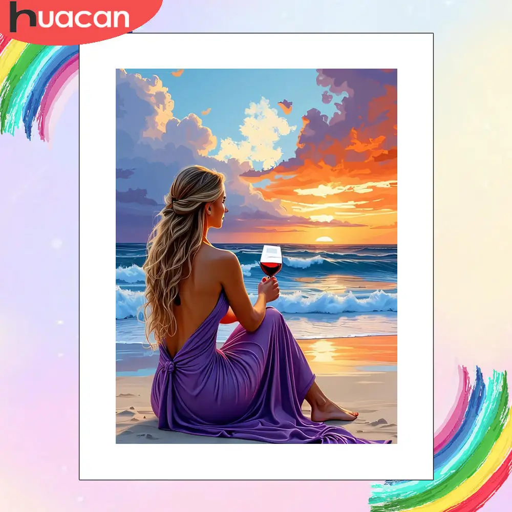 

Набор для рисования по номерам Элегантная леди фиолетового цвета на закате, пляжное вино на холсте, расслабляющий живописный DIY цифровой рисунок маслом