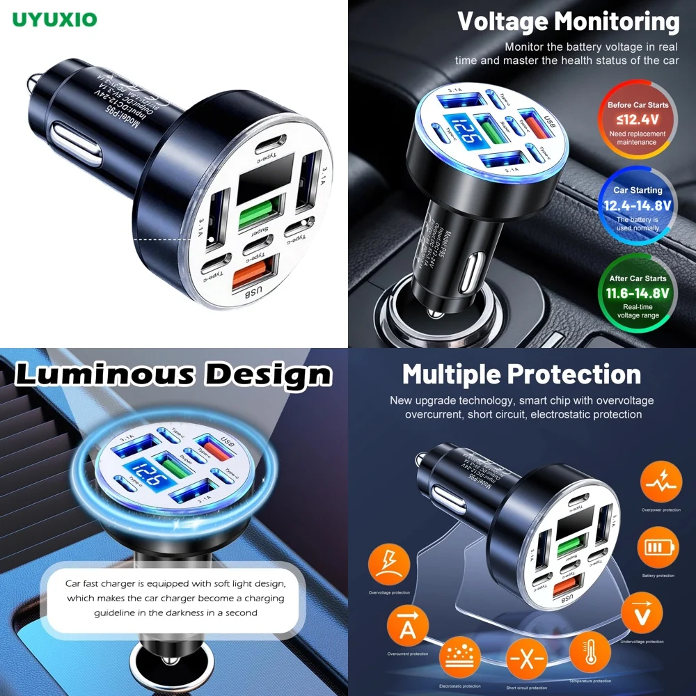 UYUXIO Super Fast Charging Adapter in Car 8 in 1 with Volt Meter Multi Port USB Car Charger Type C with Voltage Display