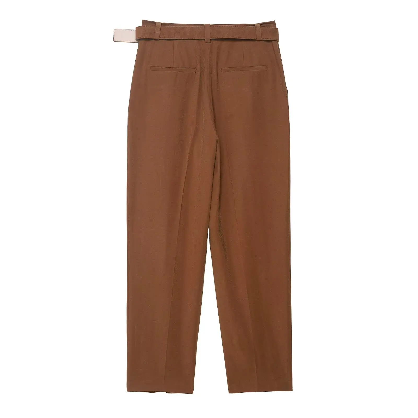 Women's High Waist Zipper Fly Ankle-length Trousers With Belt Office Wear Pants Side Pockets Female Chic Fashion Pants ﻿