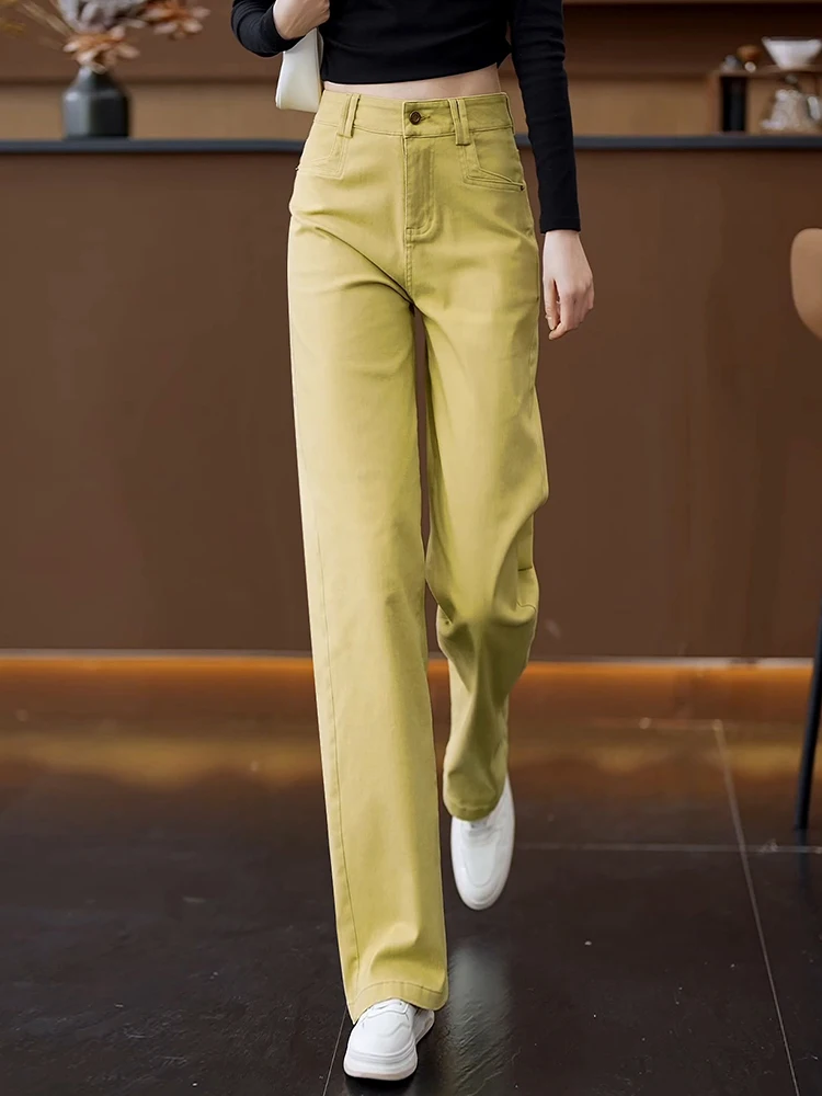 

Yellow High Waist Straight Leg Jeans Women's Casual Trousers Spring Autumn New Style Slimming Narrow Wide Leg Pants