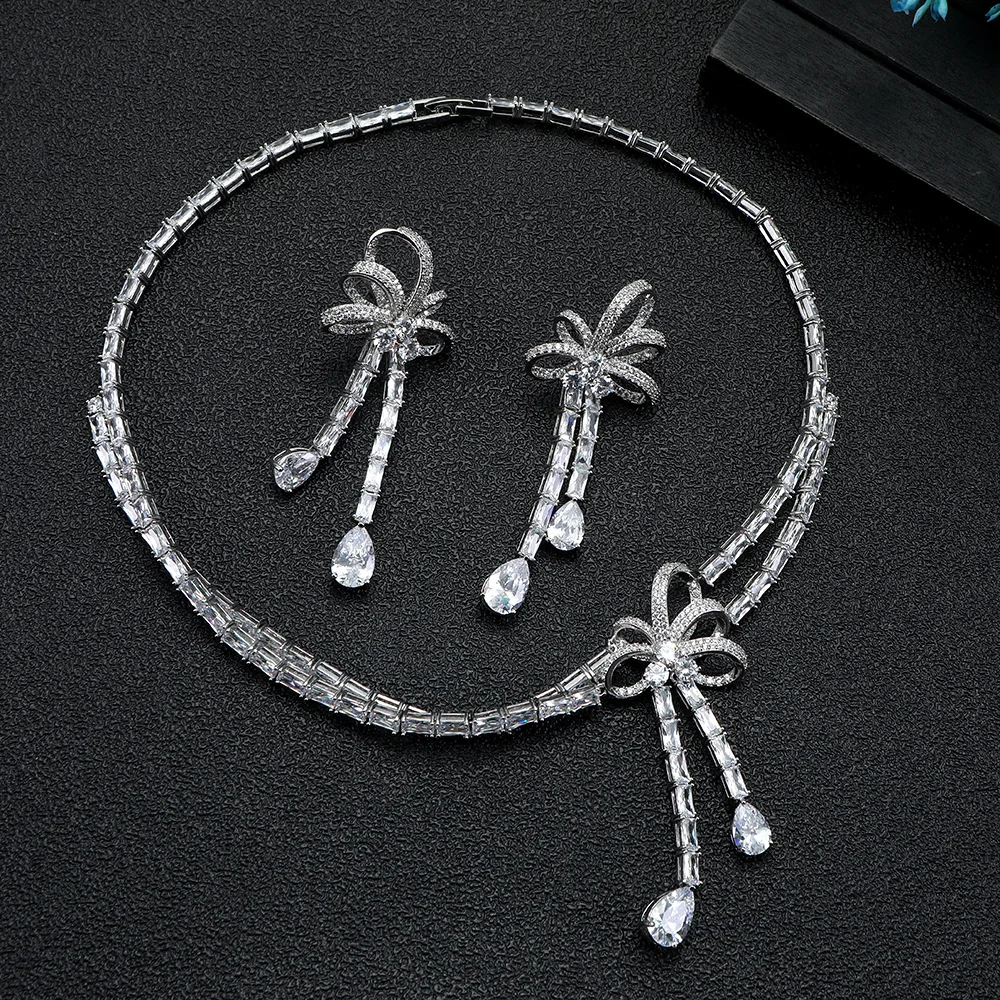 HIBRIDE 2 Pcs Light Luxury Bow Fine Pretty Necklace Earrings Jewellery Set Saudi Daily Party Prom Wedding Gift Dress S-739