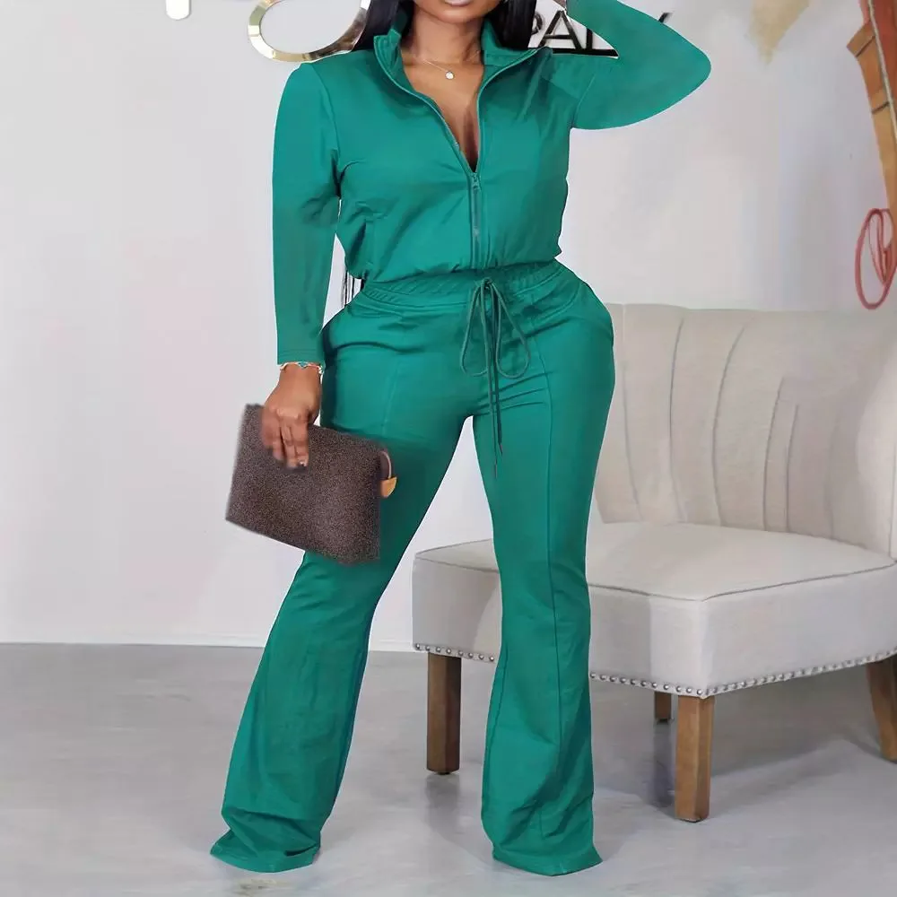 Women Solid Color Casual Zipper Elastic Waist Wide Leg Jumpsuit Loose Full Length Pants Overall Jumpsuits