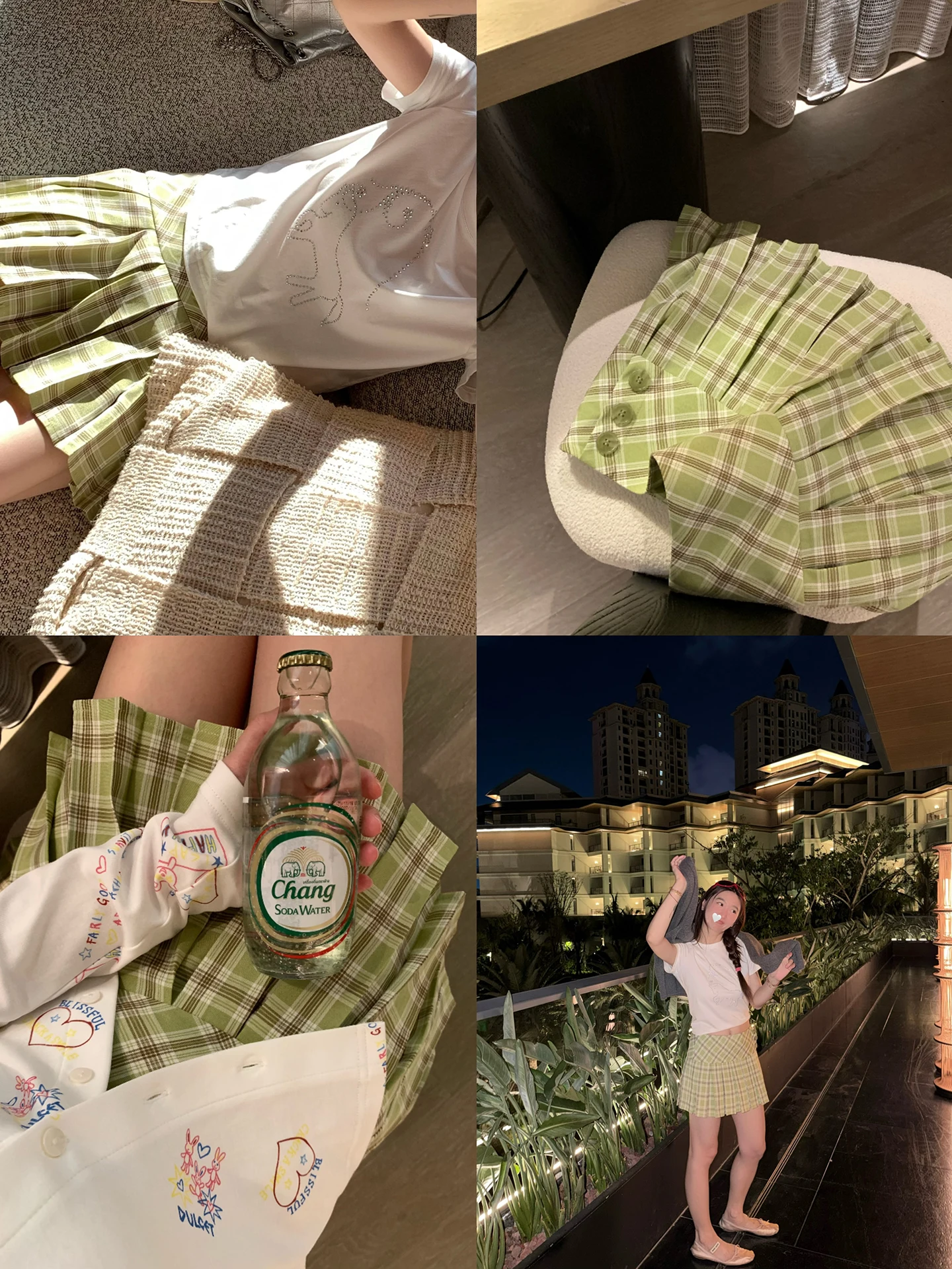 

Summerdodo Matcha Milk Tea Checkered Pleated Skirt High Waist Beautiful Versatile Short Half-length Skirts for Women