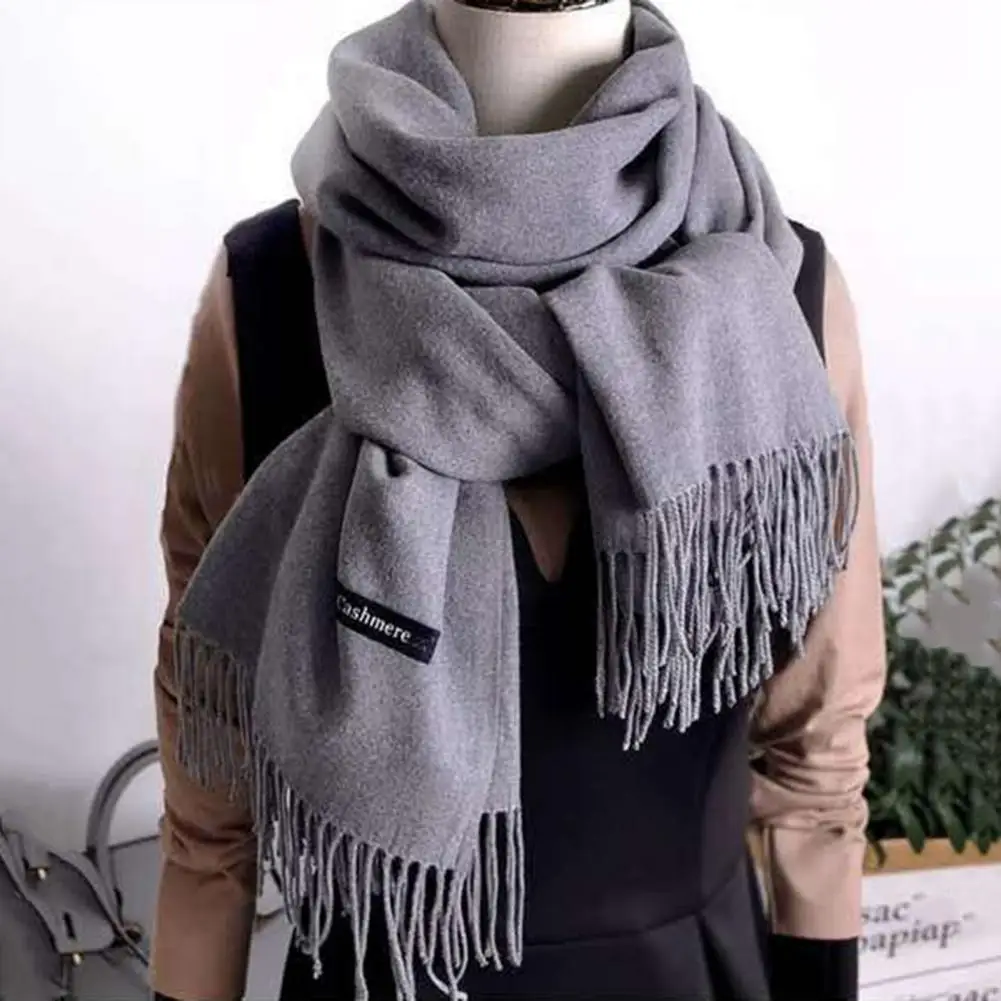 Thickened Faux Cashmere Tassel Women Scarf Solid Color Scarf Wide Long Cozy Windproof Cold Resistant Decorative Ladies Scarf