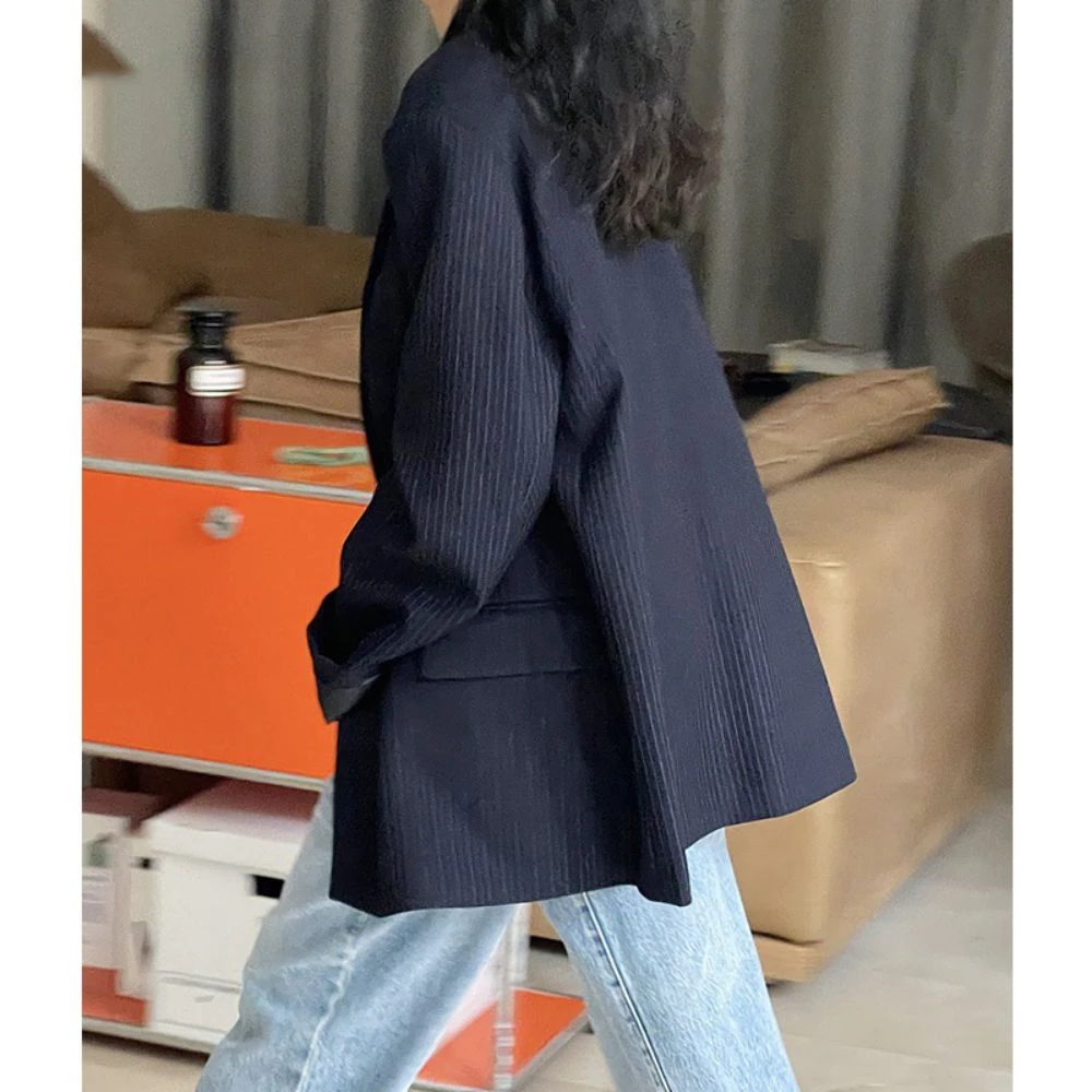 Vintage Striped Padded Lapel Blazer For Women 2023 Spring Fall Modern Wide Shoulder Single Breasted Suit Overcoat Casual Jacket