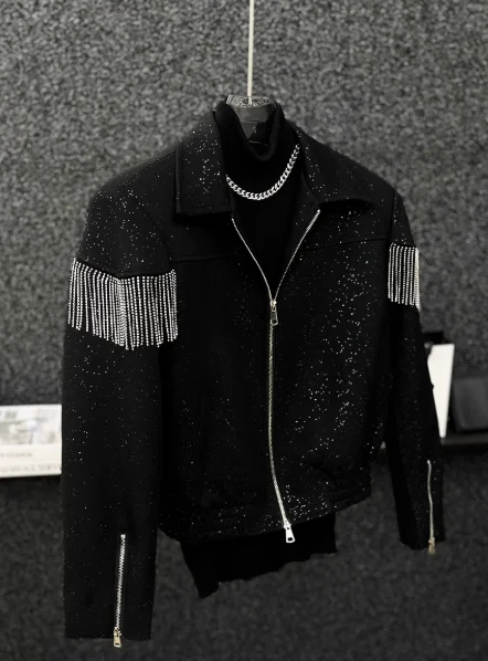 2024 Autumn New Tops Trendy Male Tassels Chain Long Sleeve Jackets Men's High Street Handsome Babysbreath Zipper Short Jacket