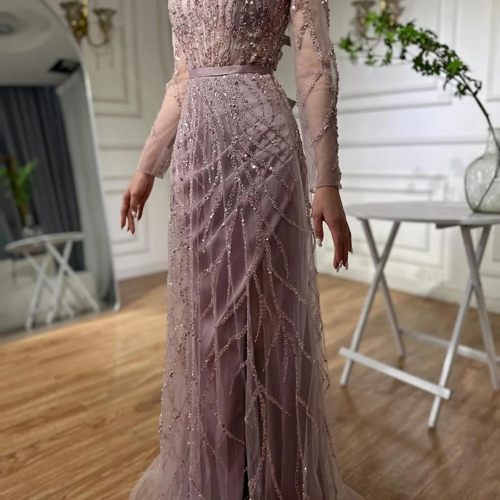 Sansa Elegant Beading A-line Lace Porm Dress Customized Floor-Length Wedding Dresses Long Sleeve Side Splite Vestidos De Fiesta