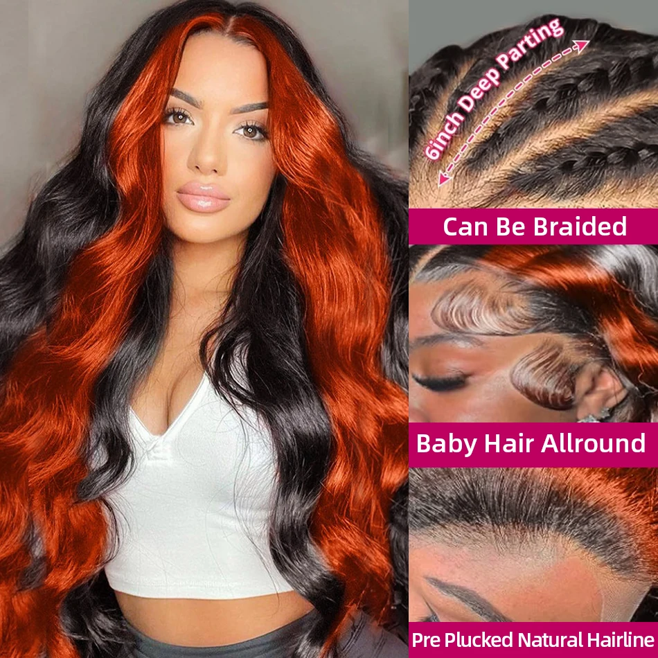 Brazilian 30 inch Pre Plucked Highlight 13x6 HD Lace Front Wigs Ginger Orange Human Hair Wigs For Women 13x4 Body Wave Ombre Wig