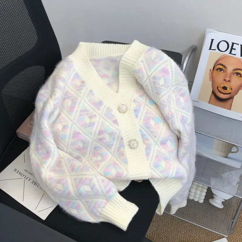 الرجعية تليين Ageless فضفاض المرأة سترة مشغولة من الصوف قصيرة الماس نمط ملابس خارجية الخامس الرقبة كم كامل سترة عادية القمم #3