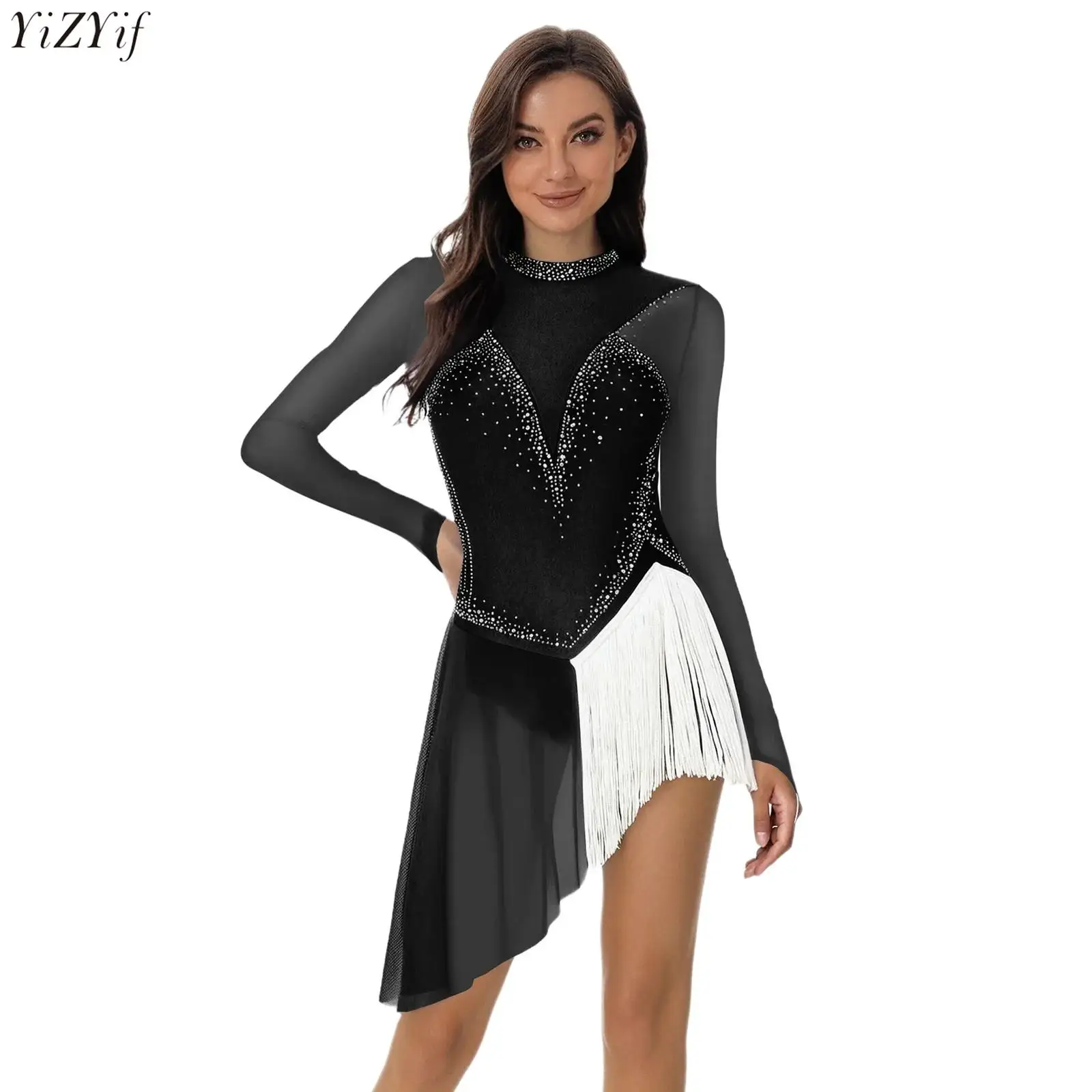 

Women's Shiny Rhinestones Ice Skating Dress Long Sleeve Backless Irregular Hem Side Fringe Leotard Dress for Gymnastics Dance