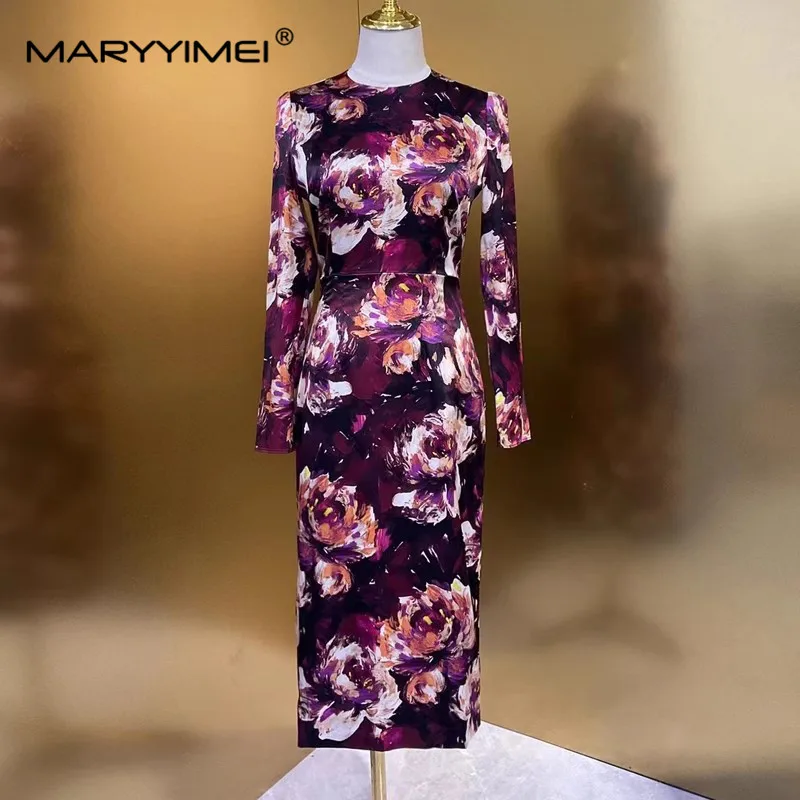 MARYYIMEI Fashion Women\'s 2024 Spring New Silk Round Neck Long-Sleeved Vintage Printed Wine Red Hip Wrap Split Pencil Dress