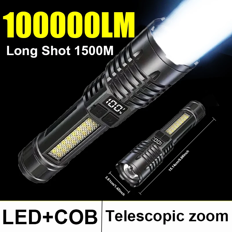 

Portable LED Flashlight Powerful Torch With COB Light Super Bright Lantern Zoomable Camping Lamp Rechargeable Hunting Spotlights