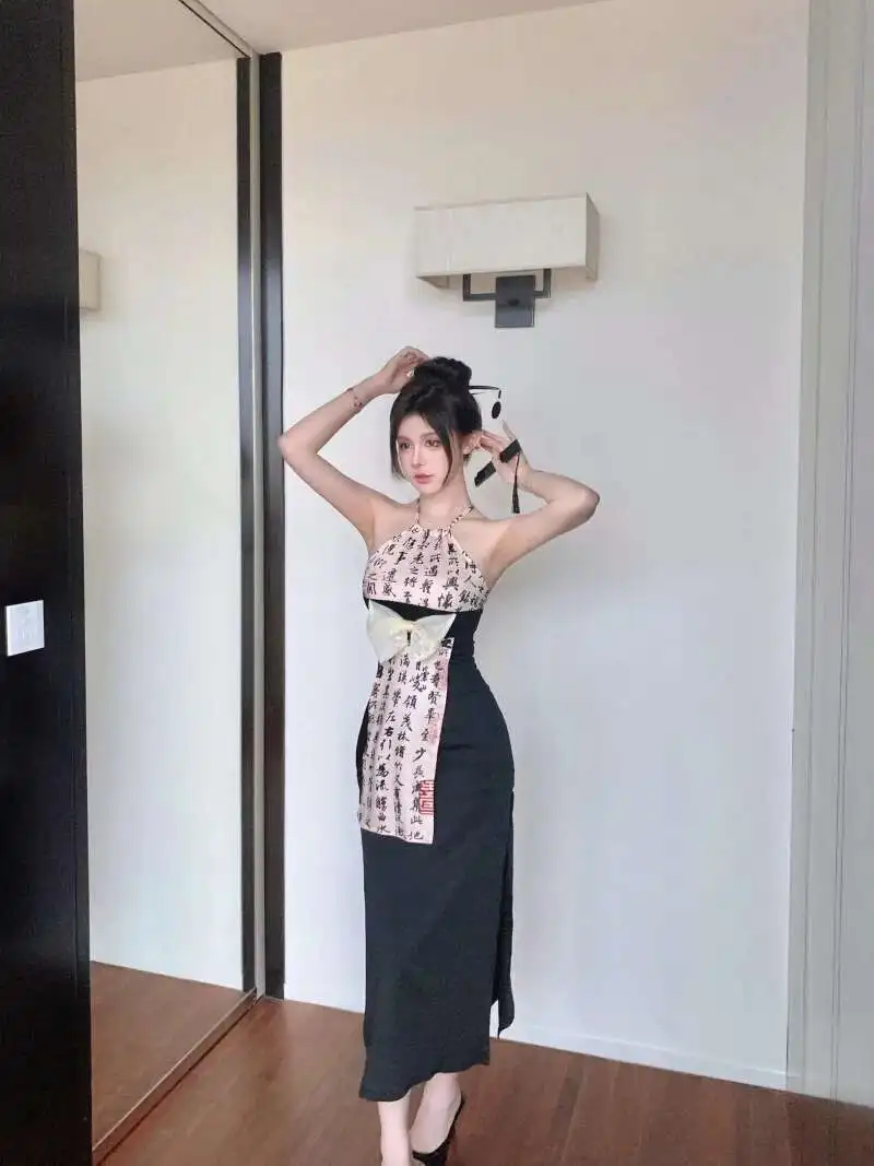 Style Ink Chinese Wash Printed Hanging Neck Dress Women Summer Bow Design Sense Split Fork High Waisted Slim Long Dress 9HP2