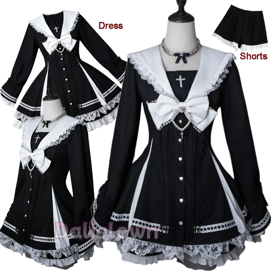 Original Mine Series Jirai Kei Kleid mit Shorts für Damen, Y2k Vintage Cross Sailor Slim Fit Sweet Lolita Cosplay Gothic Outfit