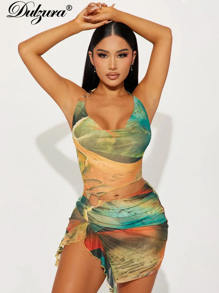 Dulzura-Mini vestido com recorte estampado feminino, renda, divisão oca, sem encosto, vestidos de festa, praia, roupas de clube, roupas Y2K, sexy, verão