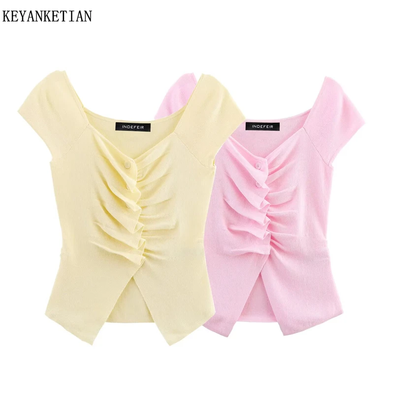 

KEYANKETIAN Summer New Women's Pleats Decoration Short Sleeve Knitted Top Fashion Solid color Thin Sheath Crop Knitting T Shirt