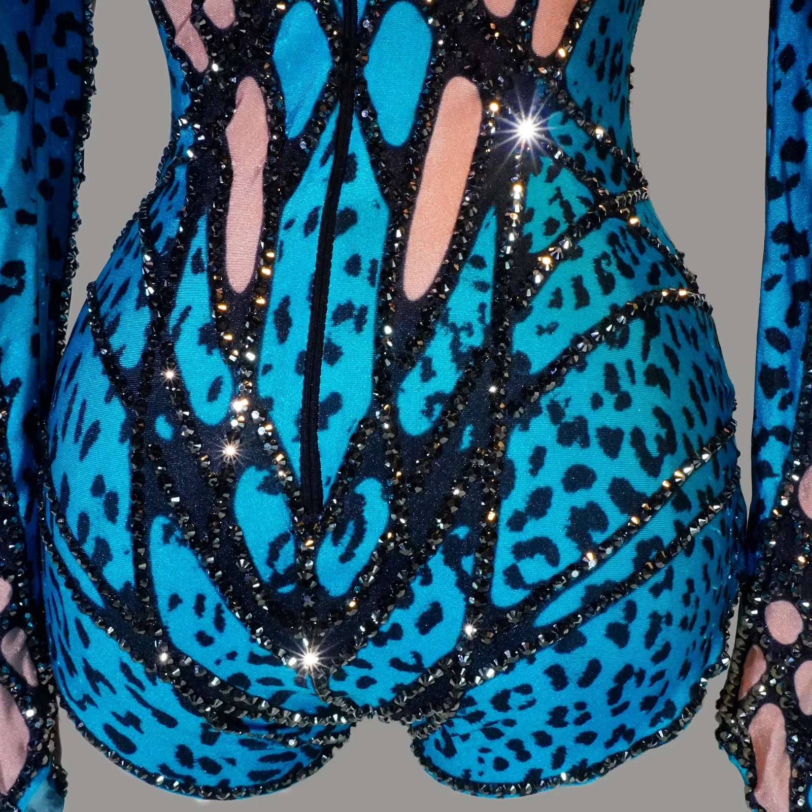 Blue Color Block Sparkly Rhinestone Turtleneck Long Sleeve Sexy Bodysuit Drag Queen Party Bar Stage Performance Costume view 6