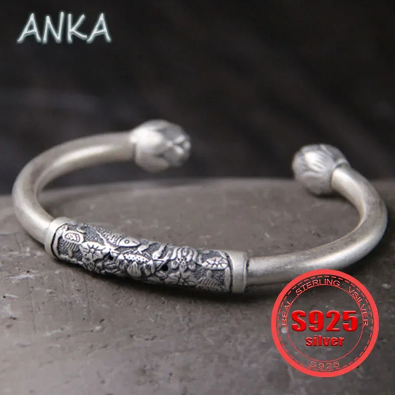 

ANKA NEW S990 sterling silver small fish lotus female bracelet retro ethnic style carved open bracelet