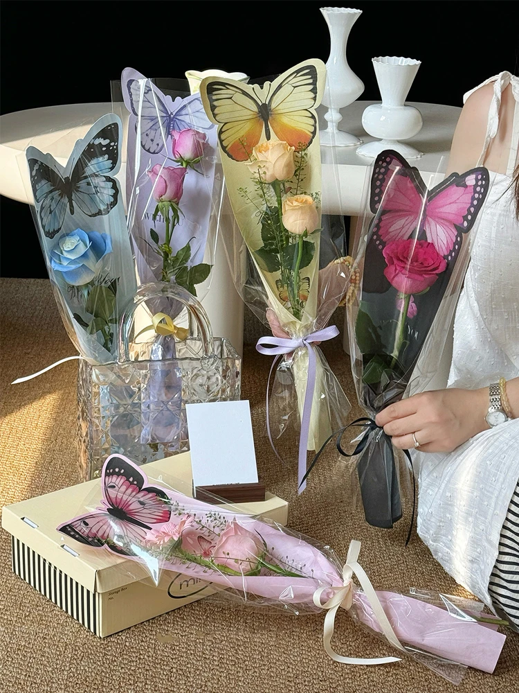 Valentine\'s Day 20pcs Butterfly Flower Wrapping Paper Card Insertion Flower Bag Transparent Single Rose Packaging Bag