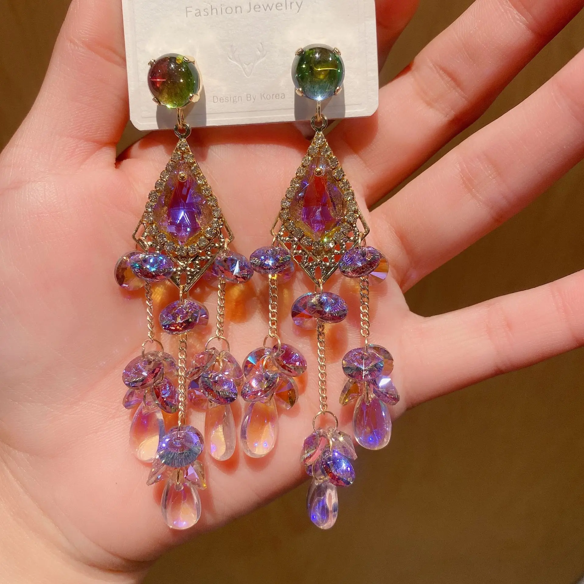 Purple crystal tassel long temperament exaggerated earrings