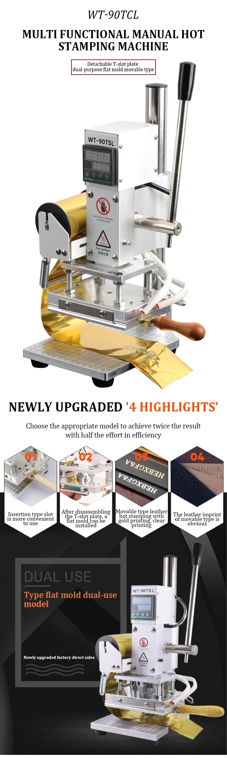 New WT-90TSL  Small Manual Digital Hot Stamping Machine Gold Silver Foil  Leather Creasing Machine  Pvc Paper Custom Logo Stamp