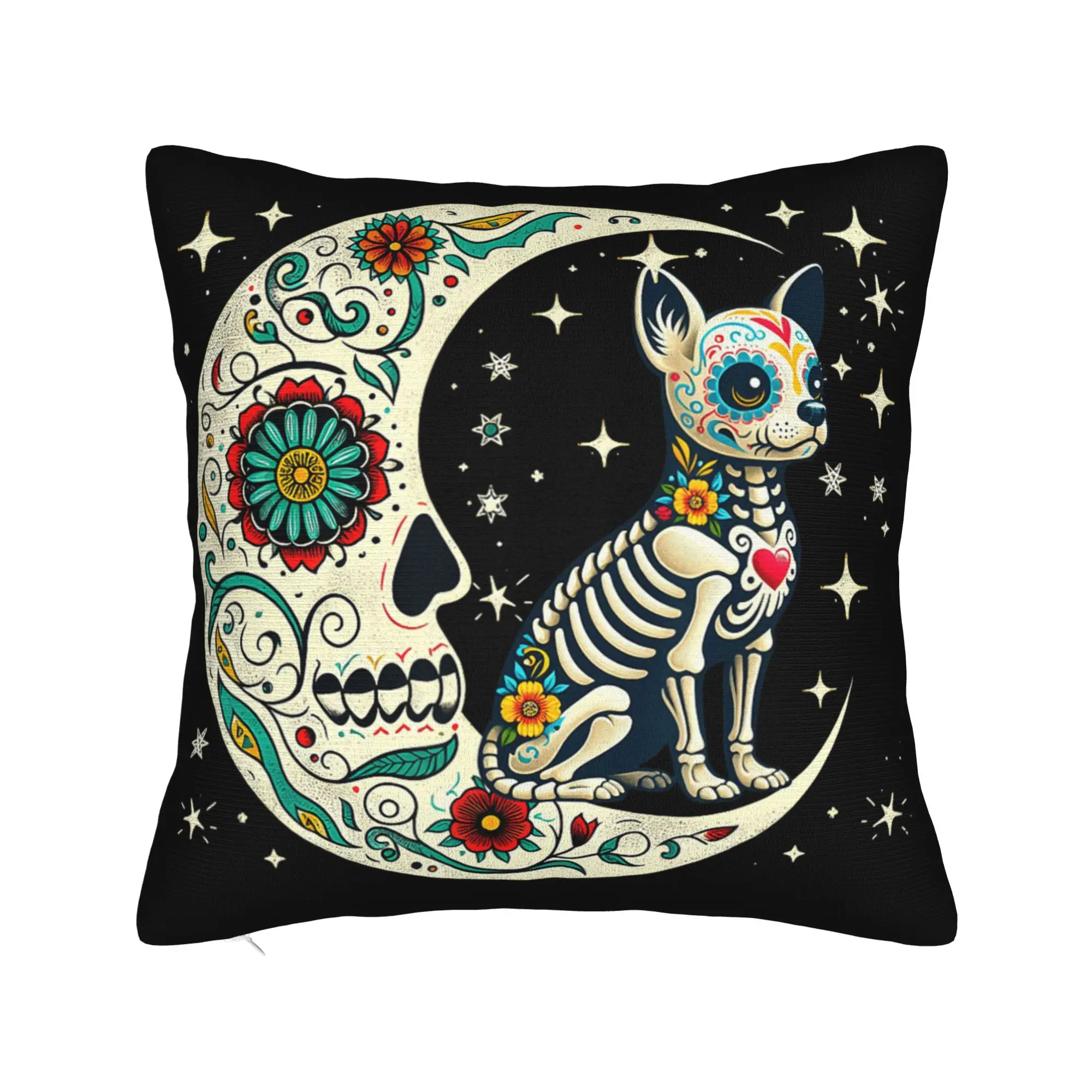 Dia De Los Muertos Halloween Moon Floral Skeleton Chihuahua Pillow Case  Vintage Pillow Cover Pillowcases For Living Room Sofa