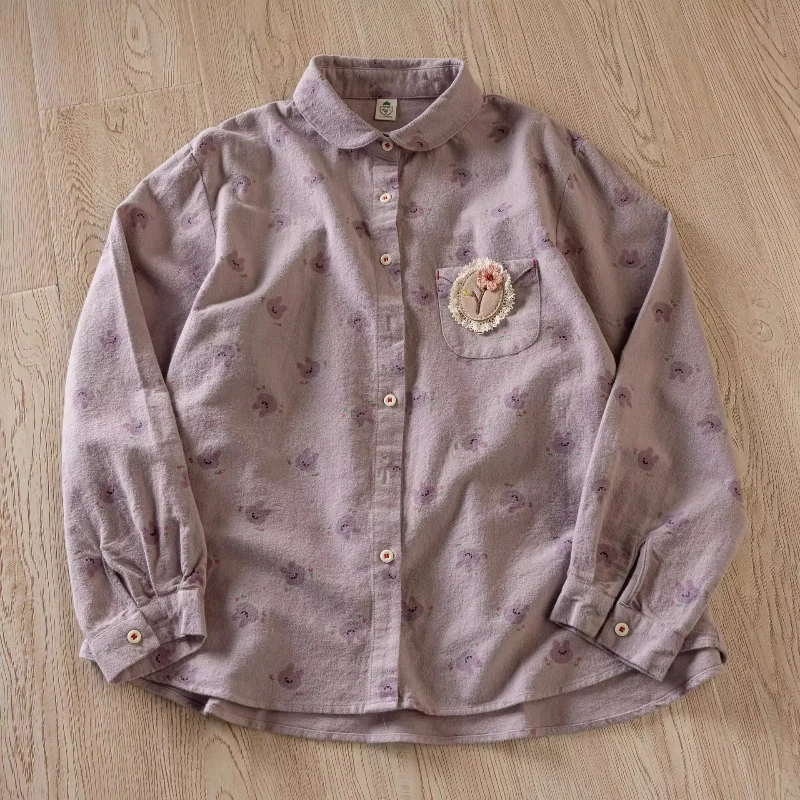 

2026 Mori girl Japan style winter cartoon bunny print purple shirts and blouses brushed cotton thicken long sleeve shirts