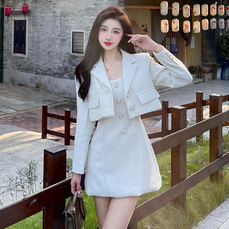 

New Autumn Retro Two-piece Women's Short Top Jacket Jacket+strap Mini Dress Set Sweet