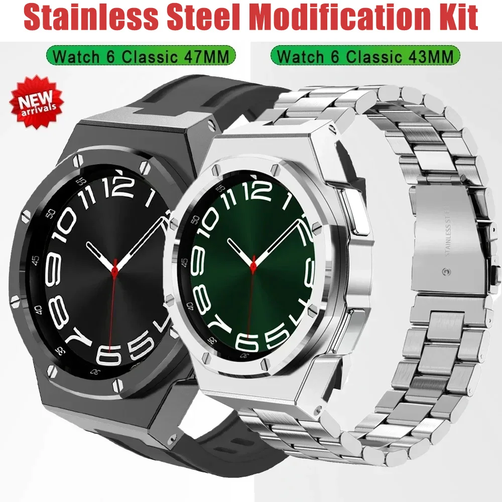 Modification Kit Case For Samsung Galaxy Watch 6 Classic 47mm Stainless Steel Metal Bracelet Galaxy 6 Classic 43mm Rubber Strap