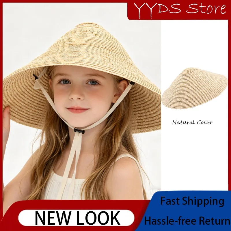 summer-parent-child-wheat-straw-conical-hat-fashion-runway-styling-sun-cap-for-outdoor-travel-photo
