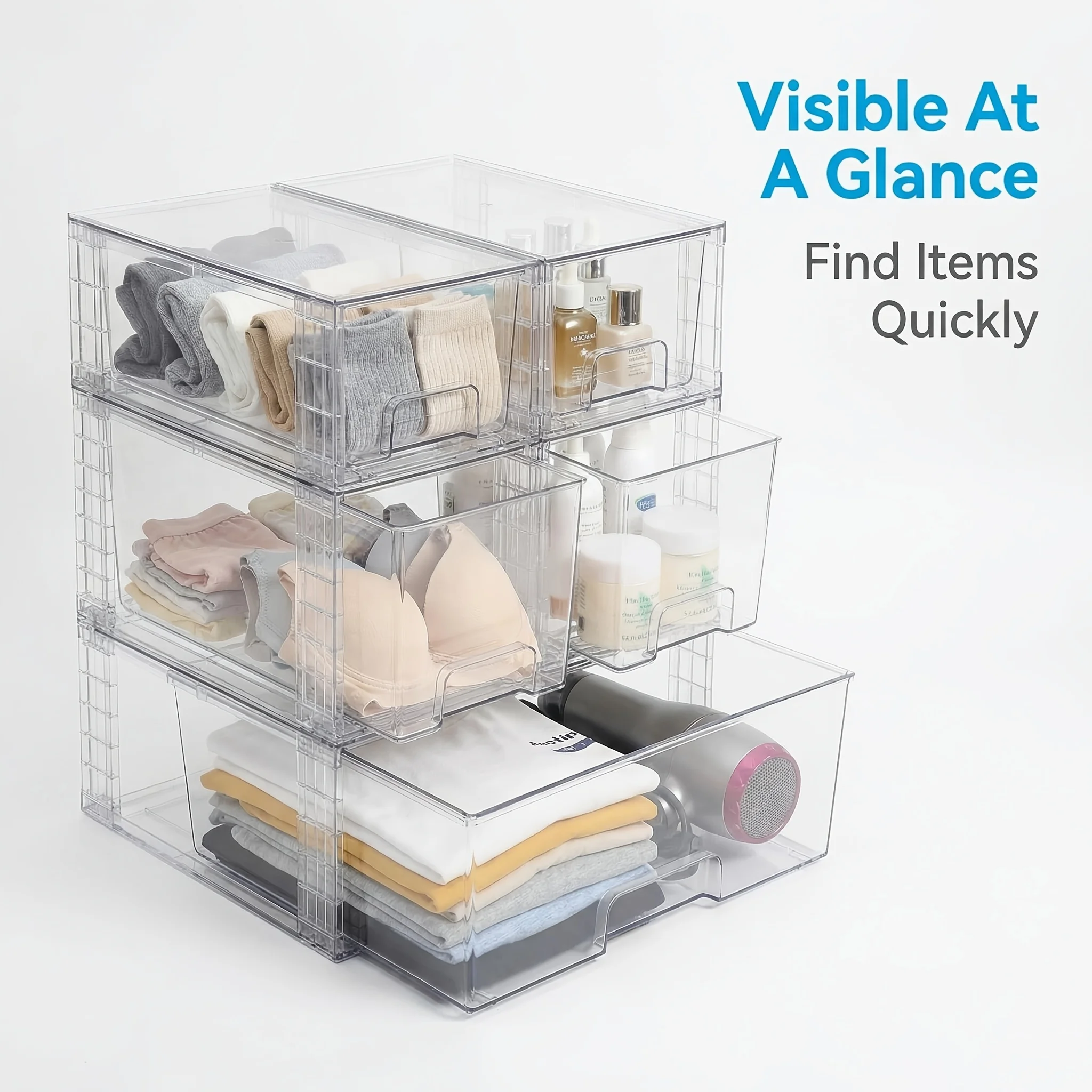 

5 Packs Stackable Storage Boxes, Easily Assemble Acrylic Bathroom Kitchen Undersink Organizers, Plastic Storage Bins for Closet