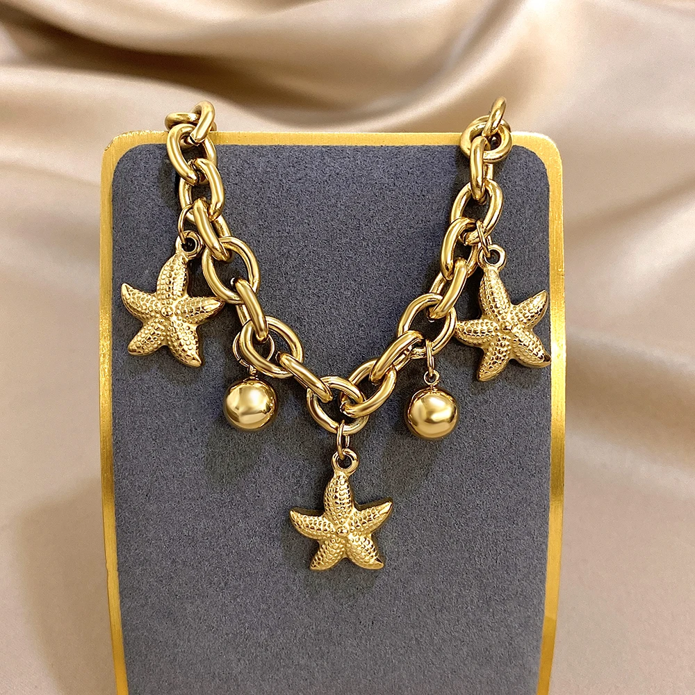 Fashion Stainless Steel Bracelets for Women Chic Starfish Ball Tassel Gold Silver Color Thick Chain Charms Bracelet Jewelry Gift