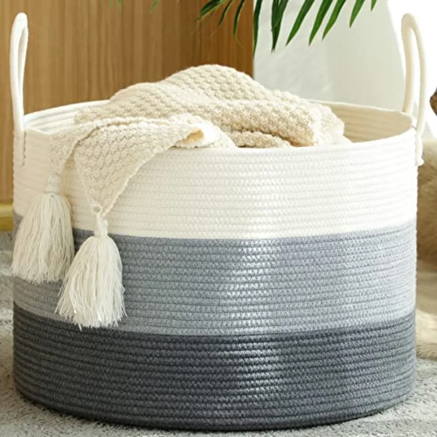 Large Blanket Basket 20"x13" Woven Baskets for storage Baby Laundry Hamper Cotton Rope Blanket Basket for Living Room Laundry N