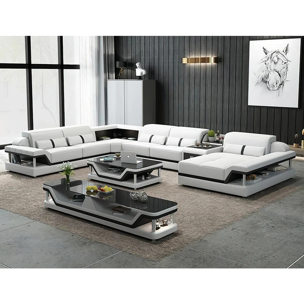 MANBAS Modern Minimalist Genuine Leather Sectional Sofa Set with Built-in Storage and Glass Coffee Table & TV Stand Living Room