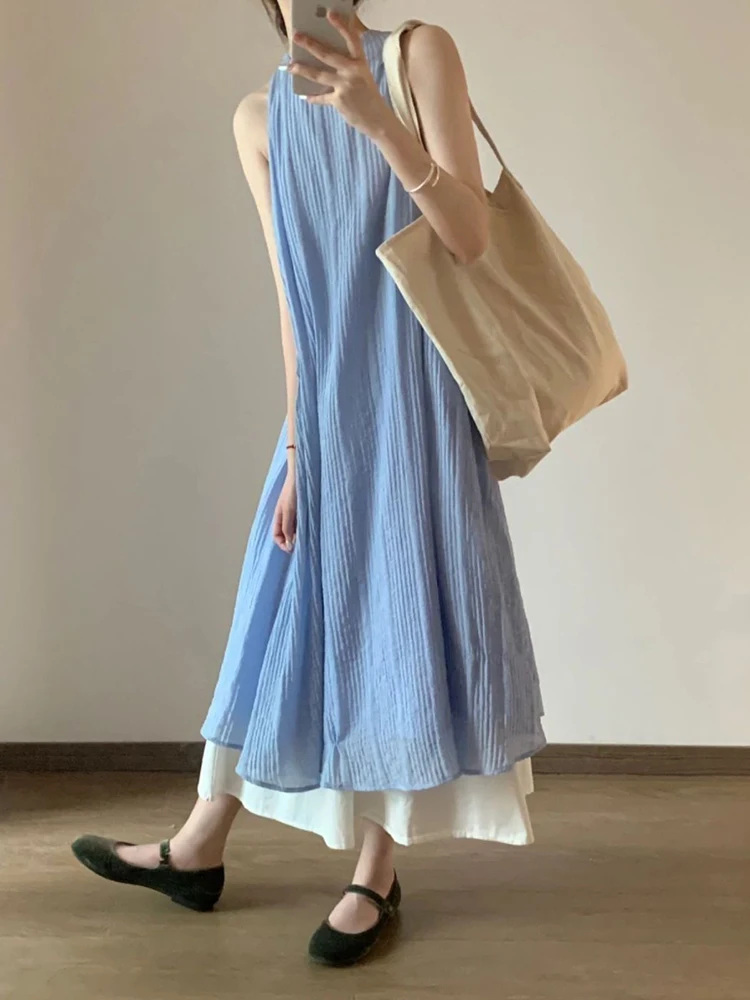 ゾキ レディース ビーチ スイート ロングスカート カジュアル ルーズ Oネック エレガント パッチワーク ドレス ヴィンテージ 韓国風 サマーデザイン レディース レトロ ブルー ドレス