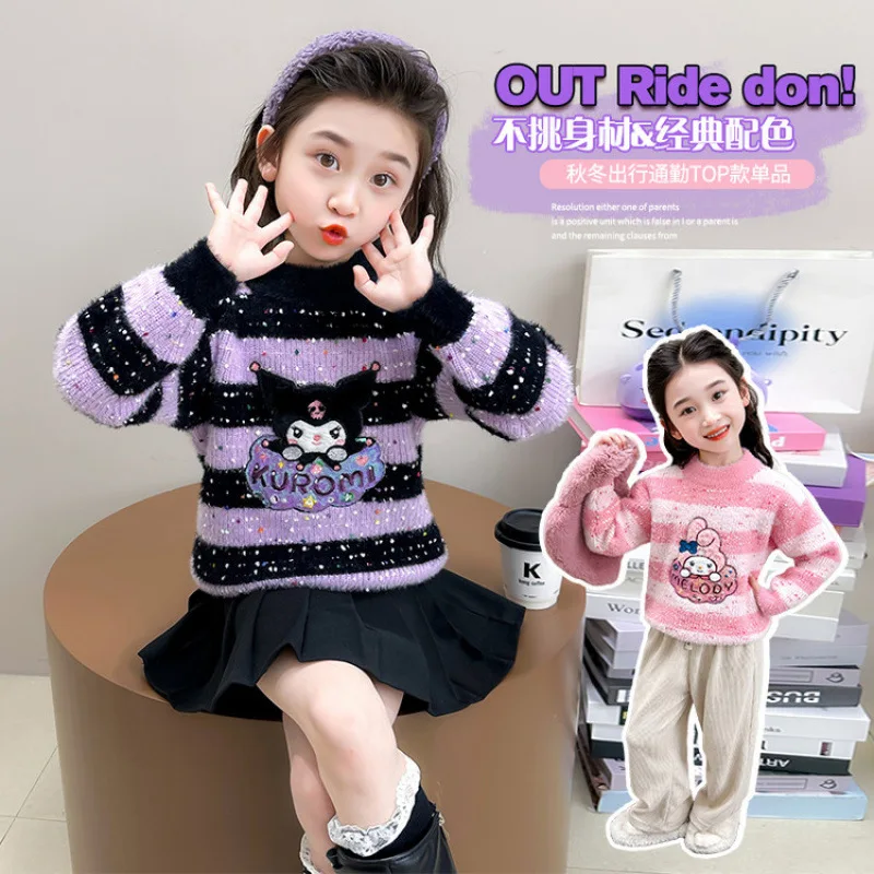 

Girls' Kuromi Kawaii Sweater Sanrio Melody Autumn Winter New Cartoon Anime Warm Thick Tops Suitable for Children's Clothing