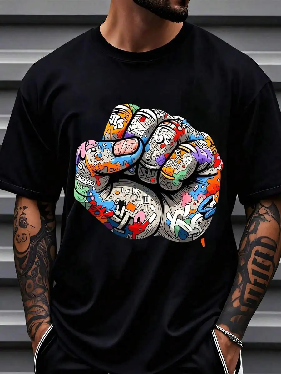 1pc Mens Clothes Colorful Graffiti Fist Print Black TShirt,Unisex Casual Crew Neck Tshirt,Plus Size Men's Clothing 5XL Lightweig