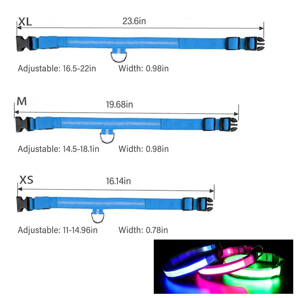 LED 개 목걸이, 밝고 높은 가시성 조명, 빛나는 애완 동물 액세서리, XS/M USB 충전식, 조절 가능한 부드러운 개 안전