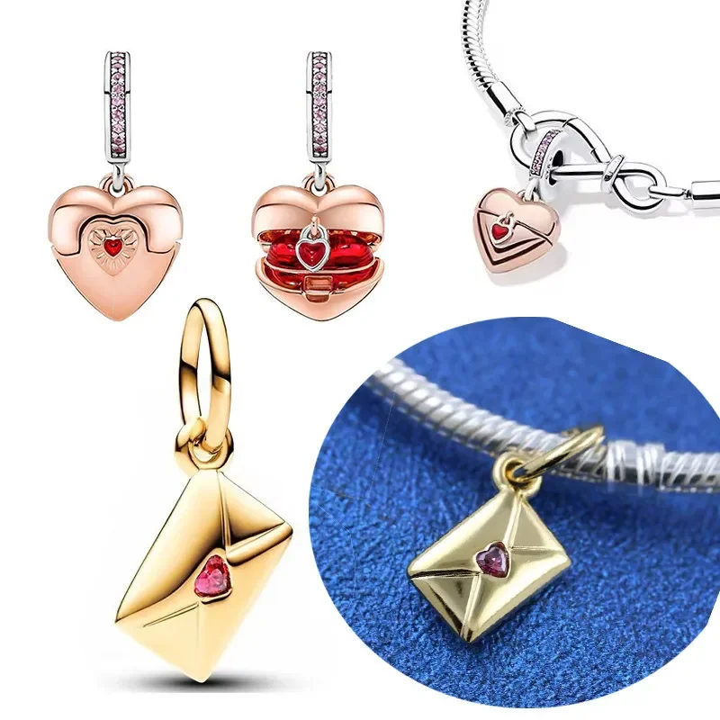 Sterling Silver 925 Heart Envelope Gold Charms Beads Fit Original Bracelet Pendent for Women Fine Jewelry Diy Gift