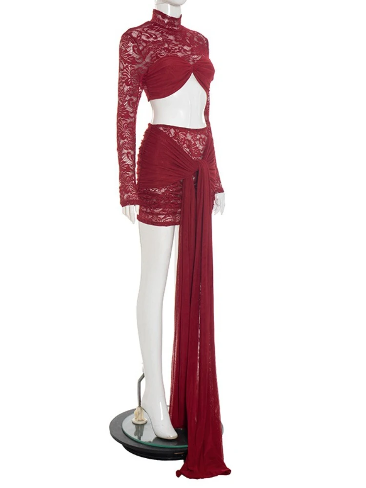 SsTss doorzichtige 2-delige set voor dames, sexy crop top met opstaande kraag, lange mouwen en gewikkelde lintrok, magere kanten outfits