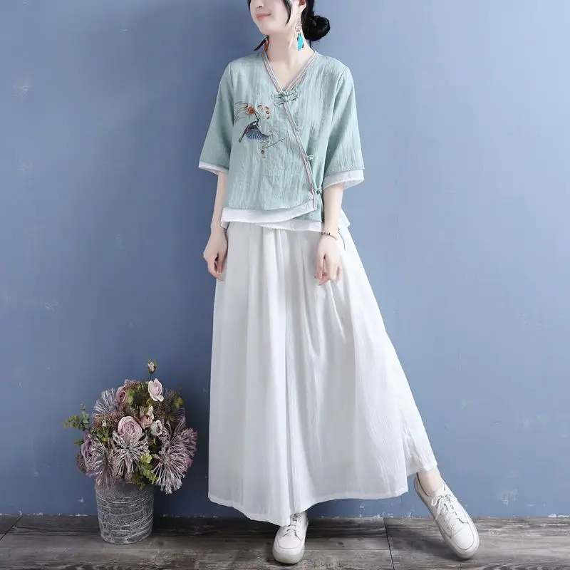 Ele V-Ne Embroidered Cotton Linen Top with Bird And Flower Motif Middle Sve Women's Retro Tea Clothing Small irt