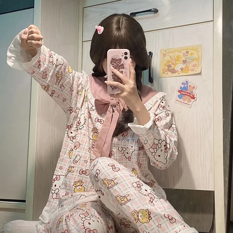 

Sanrio Hello Kitty женские пижамные комплекты для сна Kawaii мультфильм осень и зима брюки с длинными рукавами студенческая одежда для сна домашняя одежда