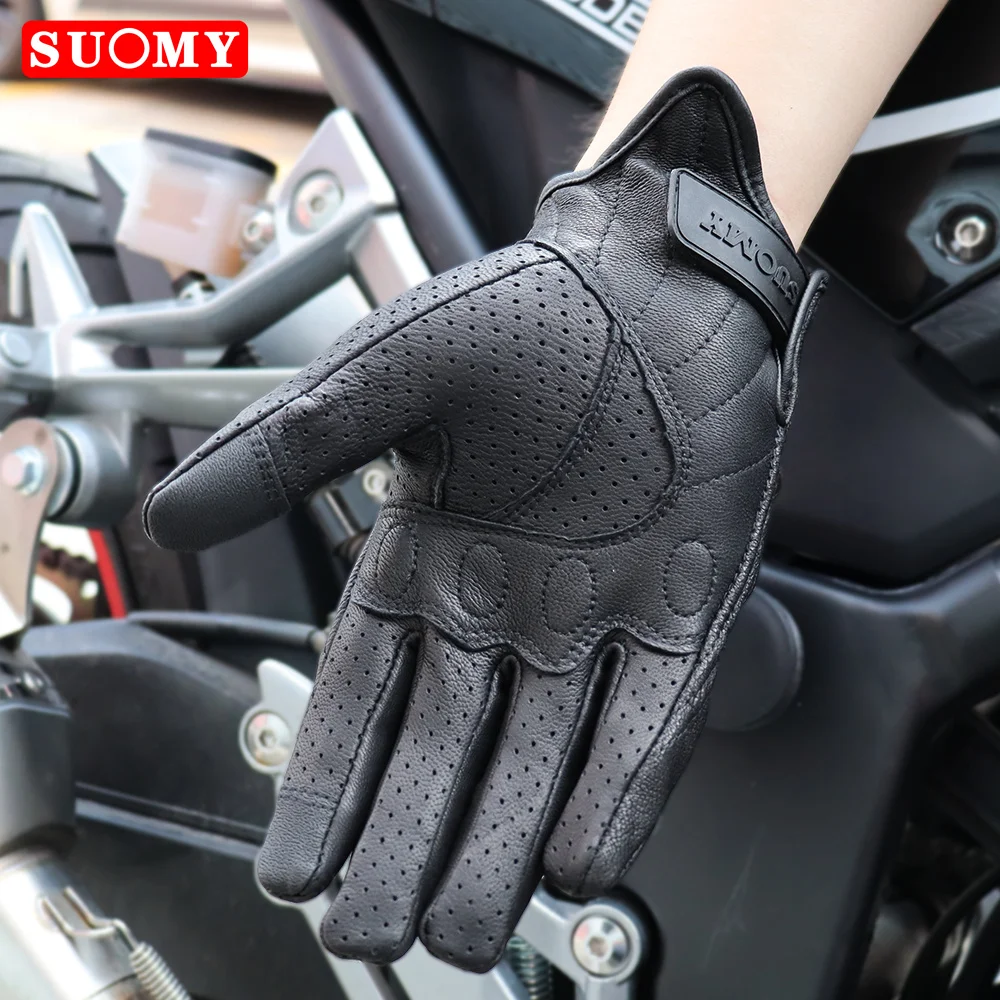 SUOMY Vintage Motorcycle Gloves Genuine Leather Full Finger Motorbike Gloves Road Racing Touchscreen Motocross Guantes Man Women