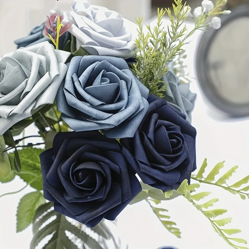 Artificial Flowers 25pcs Real Looking Blue Ombre Colors Foam Fake Roses with Stems for DIY Wedding Bouquets Bridal Shower Cente