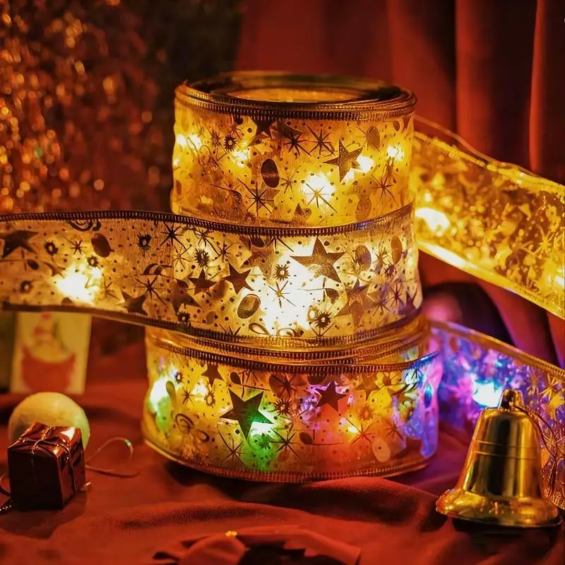 

Christmas Ribbon Fairy Light Christmas Decoration DIY Bows String Light Tree Ornaments For Home Decor New Year Ornament Gifts