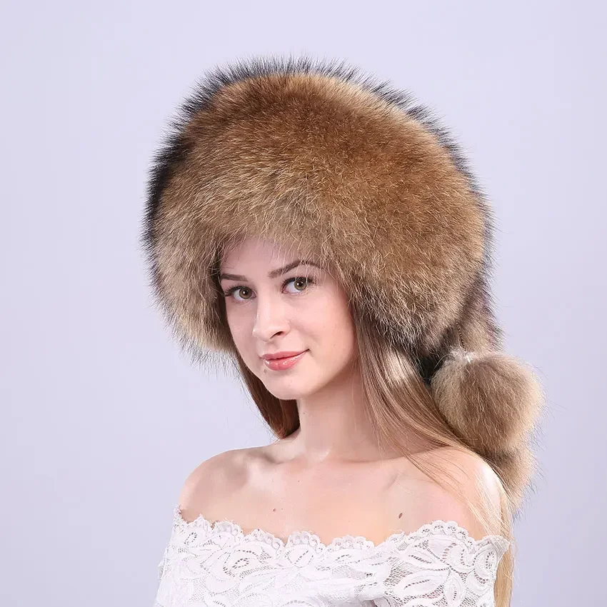 

ICYMI Whole Piece Raccoon Fur Hats Unisex Super Warm Russian Outdoor PomPom Caps Skiing Snow Real Fur hats Women Men's Headgear