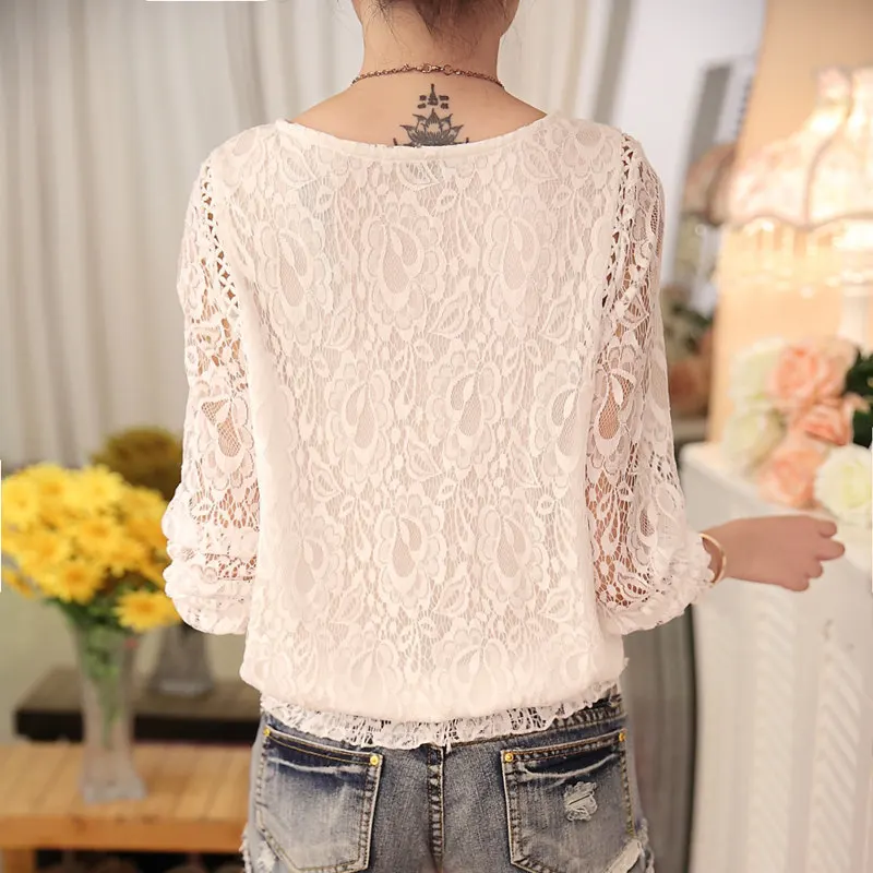 Spring Autumn New Ladies White Blusas Women\'s Long Sleeve Chiffon Lace Crochet Tops Blouses Women Clothing Feminine Blouse 51C