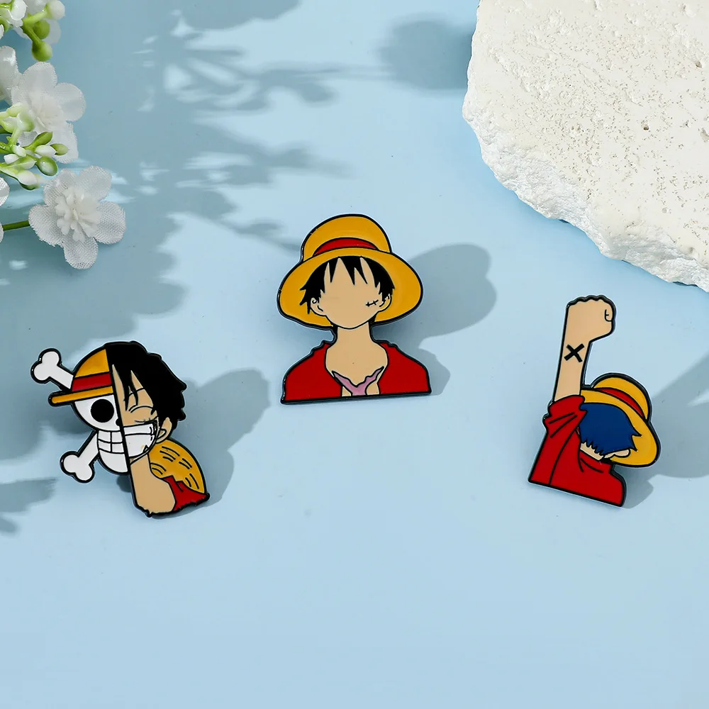 Luffy Enamel Pin Anime Character Brooch Straw Hat Skull Logo Metal Lapel Badge for Backpack Hat Clothes Fans Gift
